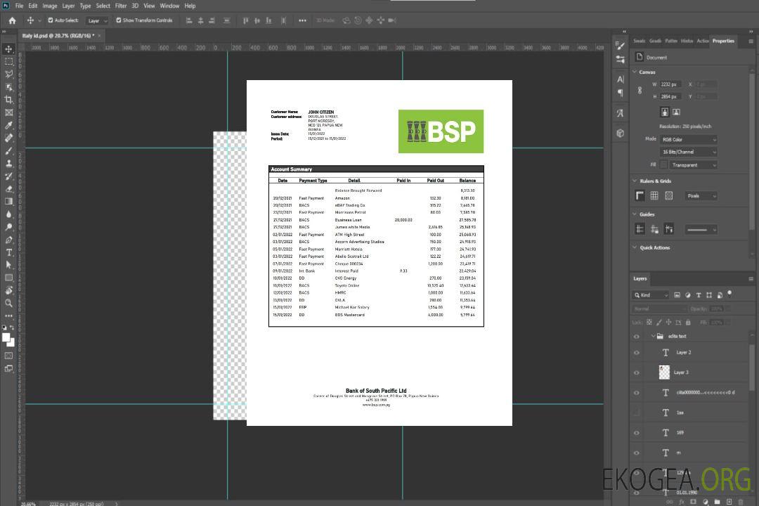 Relevé bancaire BSP de Papouasie-Nouvelle-Guinée template Relevé bancaire BSP de Papouasie-Nouvelle-Guinée template